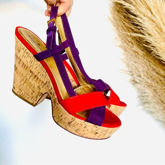 KATE SPADE Purple Red Colorblock Penny Cork Wedges Heeled Sandals Slingback 9.5 - Picture 2 of 12